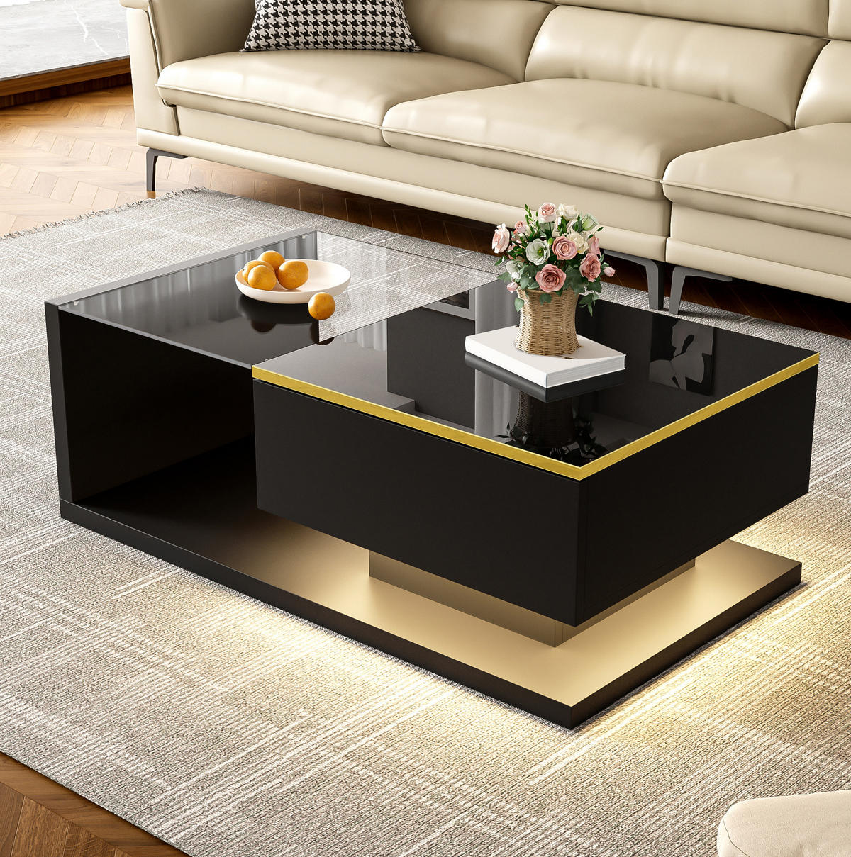 COUCHTISCH aus Spanplatte und Glas 90x50x32 cm Schwarz mit dimmbarer LED-Beleuchtung - Schwarz, Holzwerkstoff (90/50/32.5cm) - IVMEU