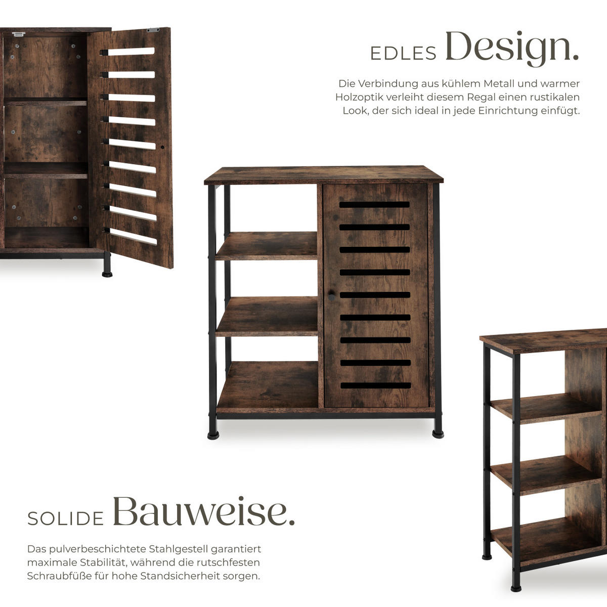 SIDEBOARD ,mit höhenverstellbaren Kunststofffüßen, 70 x 32 x 82 cm,Industrial Holz dunkel, rustikal - Rostfarben, Holzwerkstoff (32/82/71cm) - tectake