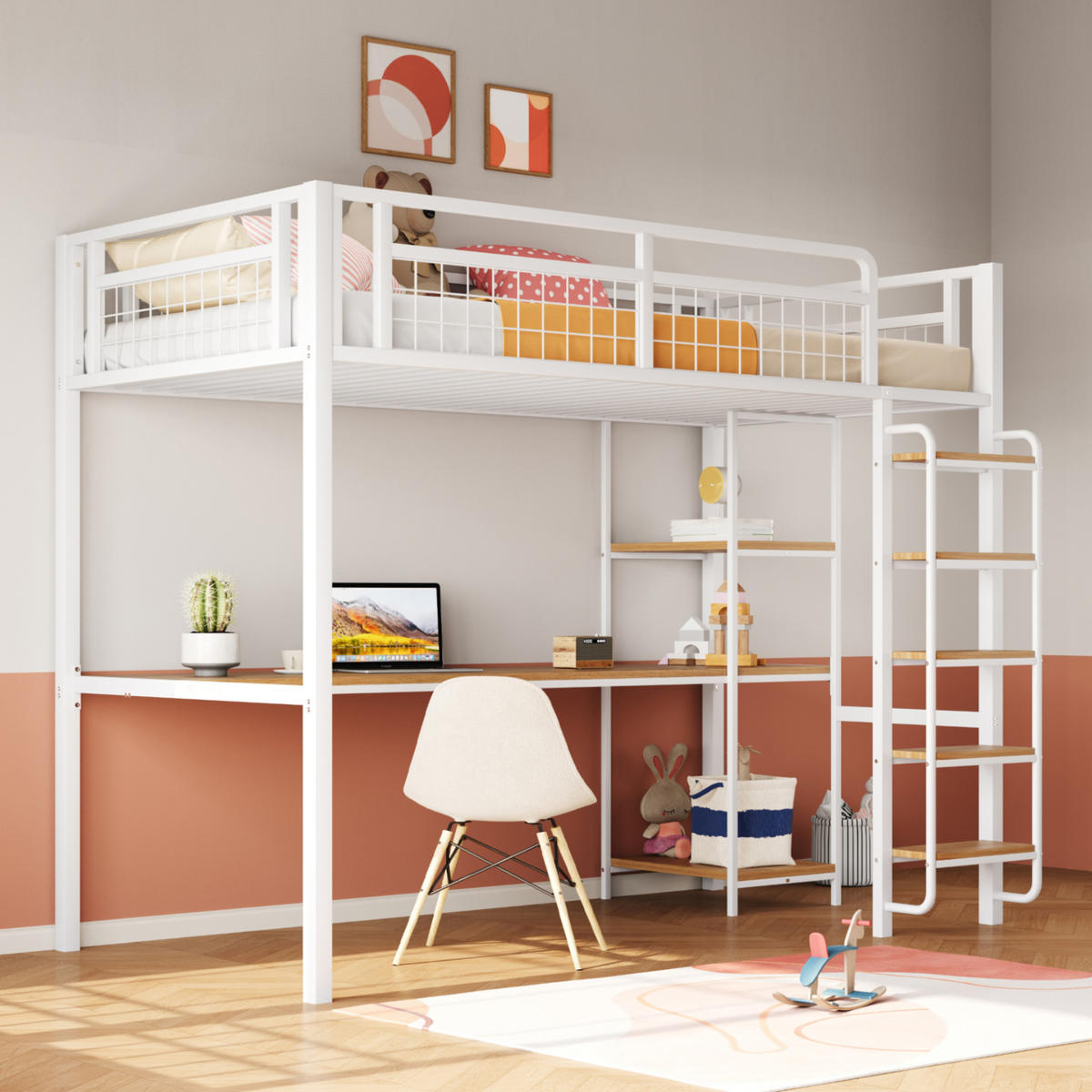 HOCHBETT 90/200 cm Weiß aus Metall und MDF mit Tisch und Regalen - Weiß, Metall (90/200cm) - OKMYHOME