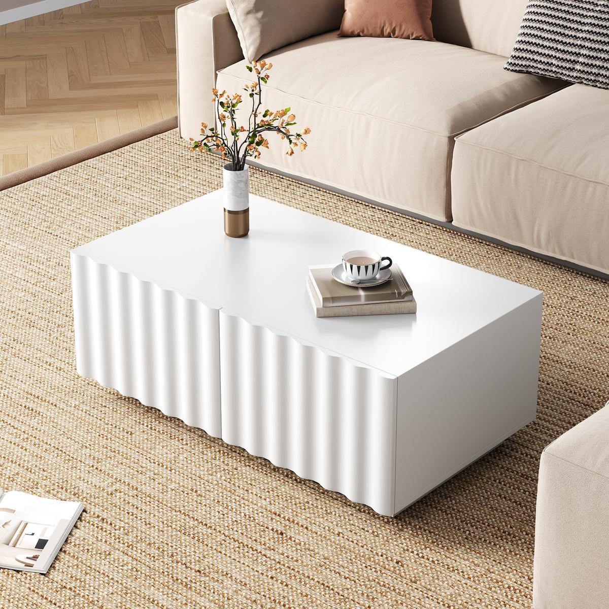 COUCHTISCH Wellenmuster 2 Schubladen modern Stauraum - Weiß, Holzwerkstoff (100/50/40cm) - FLIEKS