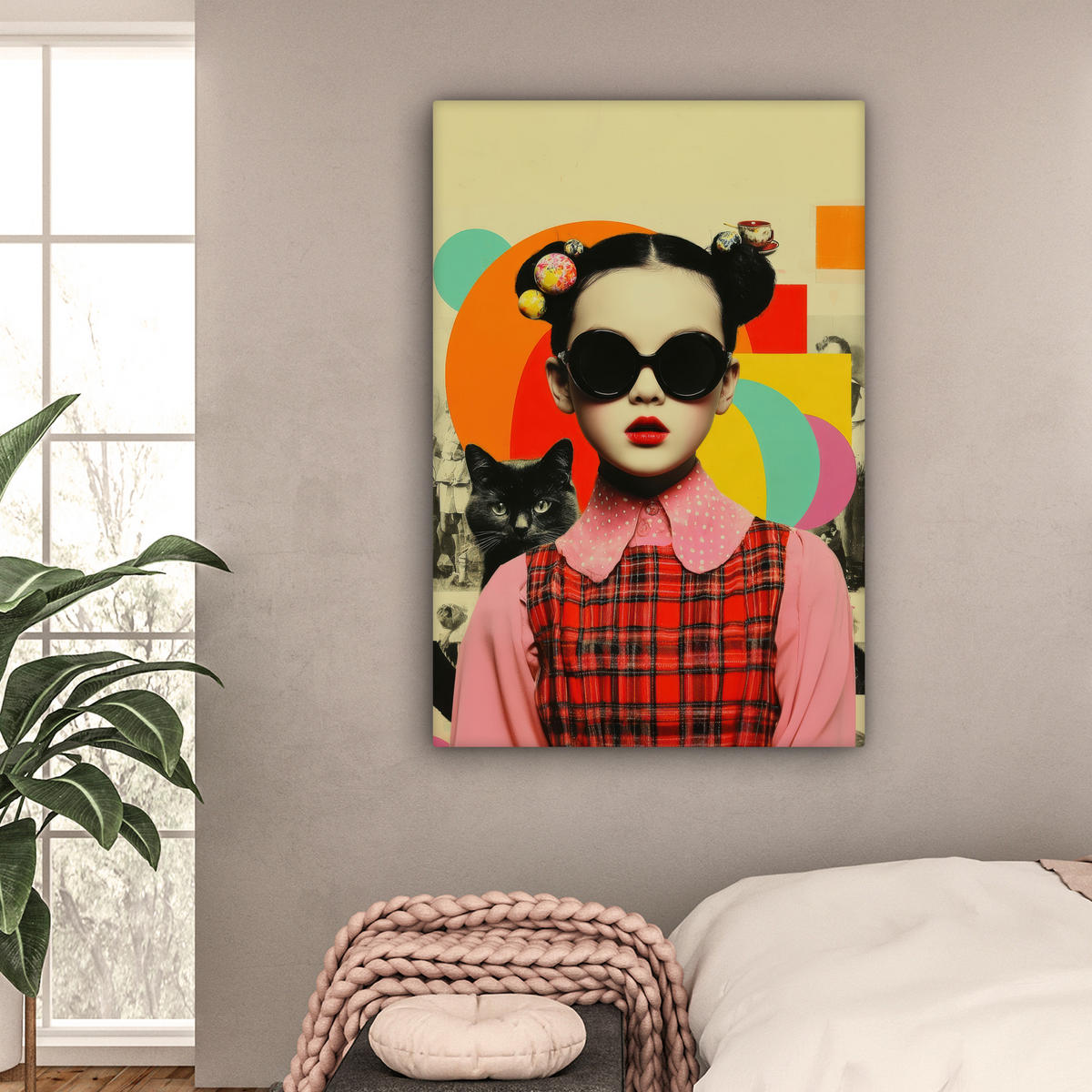 LEINWANDBILD Mädchen - Sonnenbrille - Katze - Retro Deko XXL 80x120 cm - Beige, Textil (80/120cm) - MuchoWow