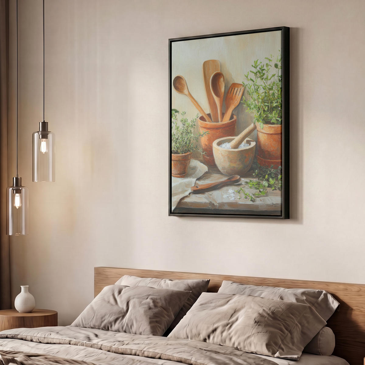 LEINWAND Bilder mit Rahmen - Töpfe - Kräuter - Holz - 60x80 - Terracotta, Textil (60/80cm) - MuchoWow