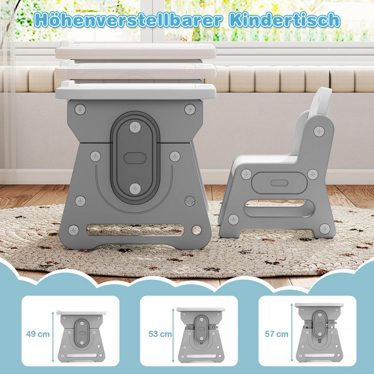 KINDERTISCH-STUHL-SET mit Höhenverstellung grau(2-tlg) - Grau, Kunststoff (80/49/50cm) - COSTWAY