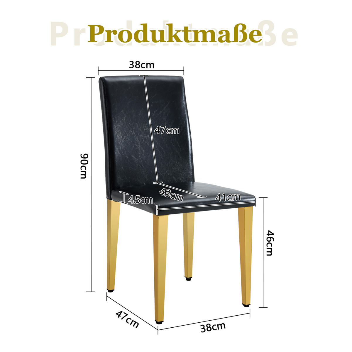 STUHL-SET DE-36598 2 Stück mit PU-Bezug und Metallbeinen Schwarz - Goldfarben, Metall (47/90/41cm) - ComfortXL