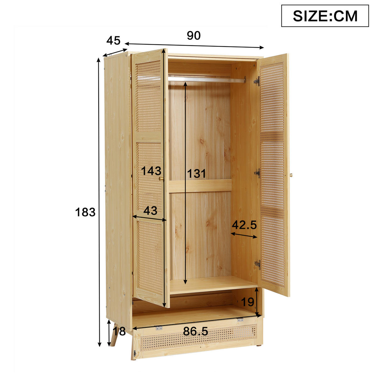KLEIDERSCHRANK aus Spanplatte und PE-Rattan 90x45x183 cm Natur mit Kleiderstange und Flip-Top-Stauraum - Naturfarben, Holzwerkstoff (90/183/45cm) - Modfu