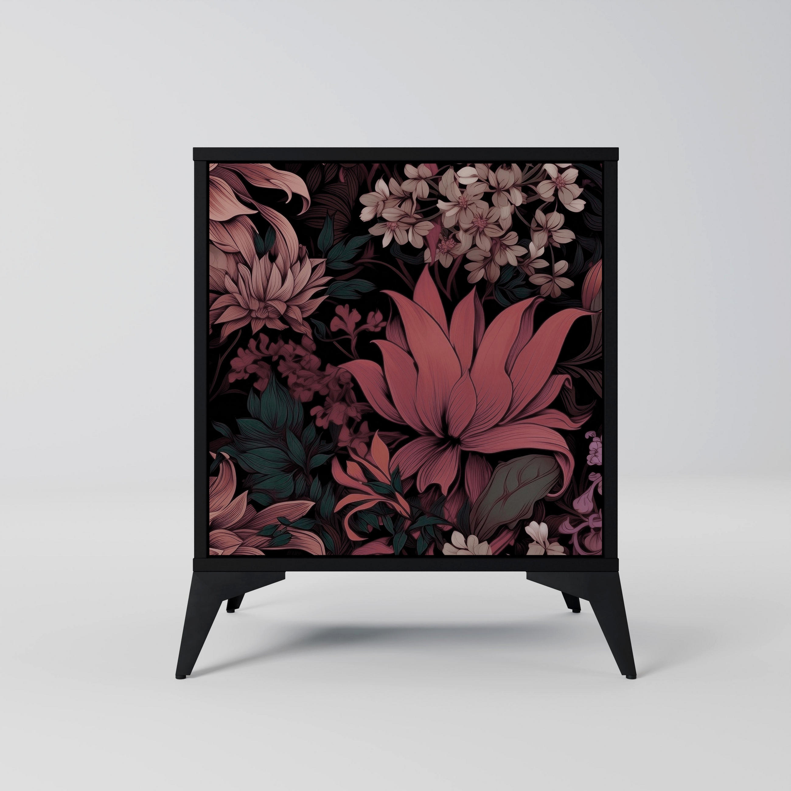 SIDEBOARD FLORAL WHISPER, Schwarz, 57,5x42x70,5 cm, Schwarze Metall-Sternfüße - Multicolor/Schwarz, Holzwerkstoff/Metall (57.5/70.5/42cm) - SpaceRebels