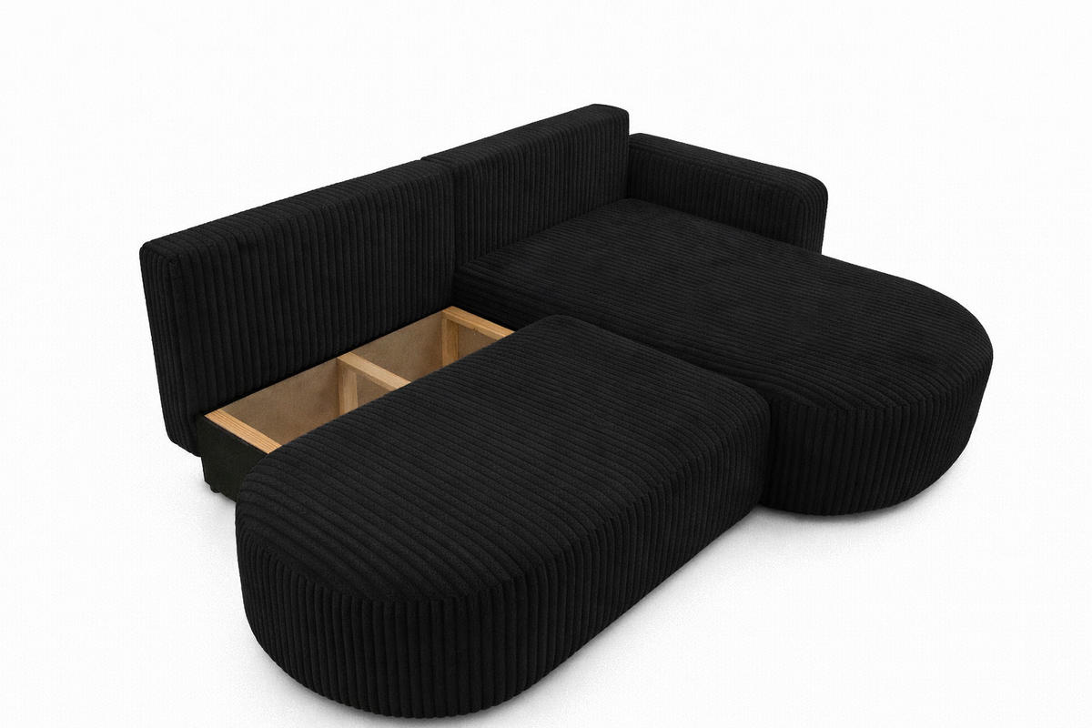 ECKSOFA Mit Schlaffunktion Und Bettkasten, Cordstoff Tilia, Schwarz, Rechts, ROUND ONE OPEN XL - Schwarz, Holz (262/175cm) - Kaiser Möbel