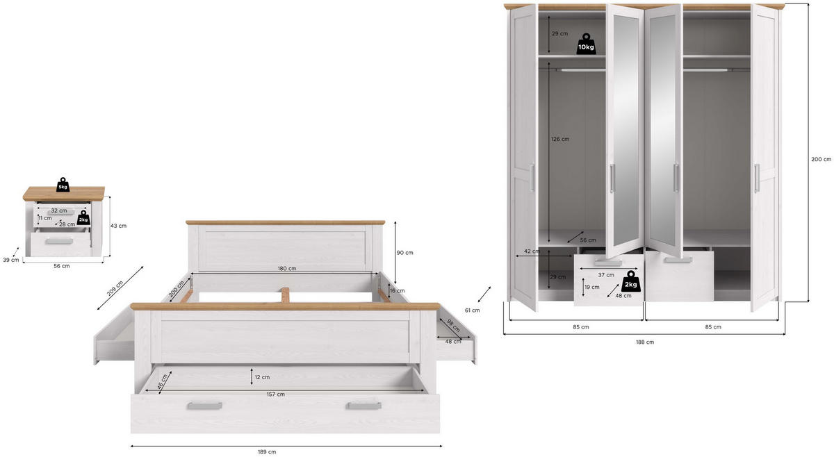 BETTANLAGE Verona Sibiu Lärche Nachbildung 4-tlg. - Lärchefarben, Holzwerkstoff - Xonox