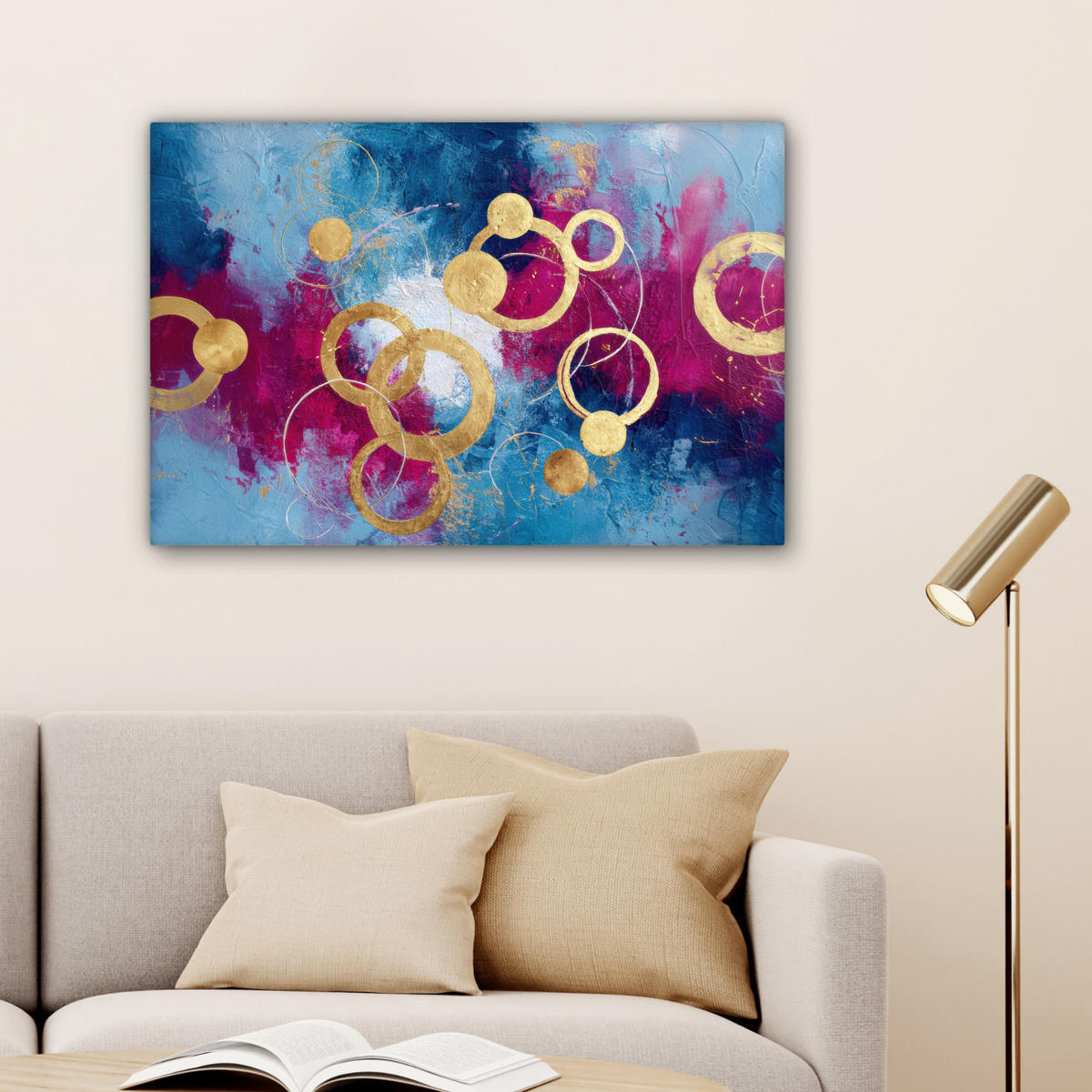 LEINWANDBILD Kreise - Gold - Abstrakt Gemälde 60x40 cm - Blau, Textil (60/40cm) - MuchoWow