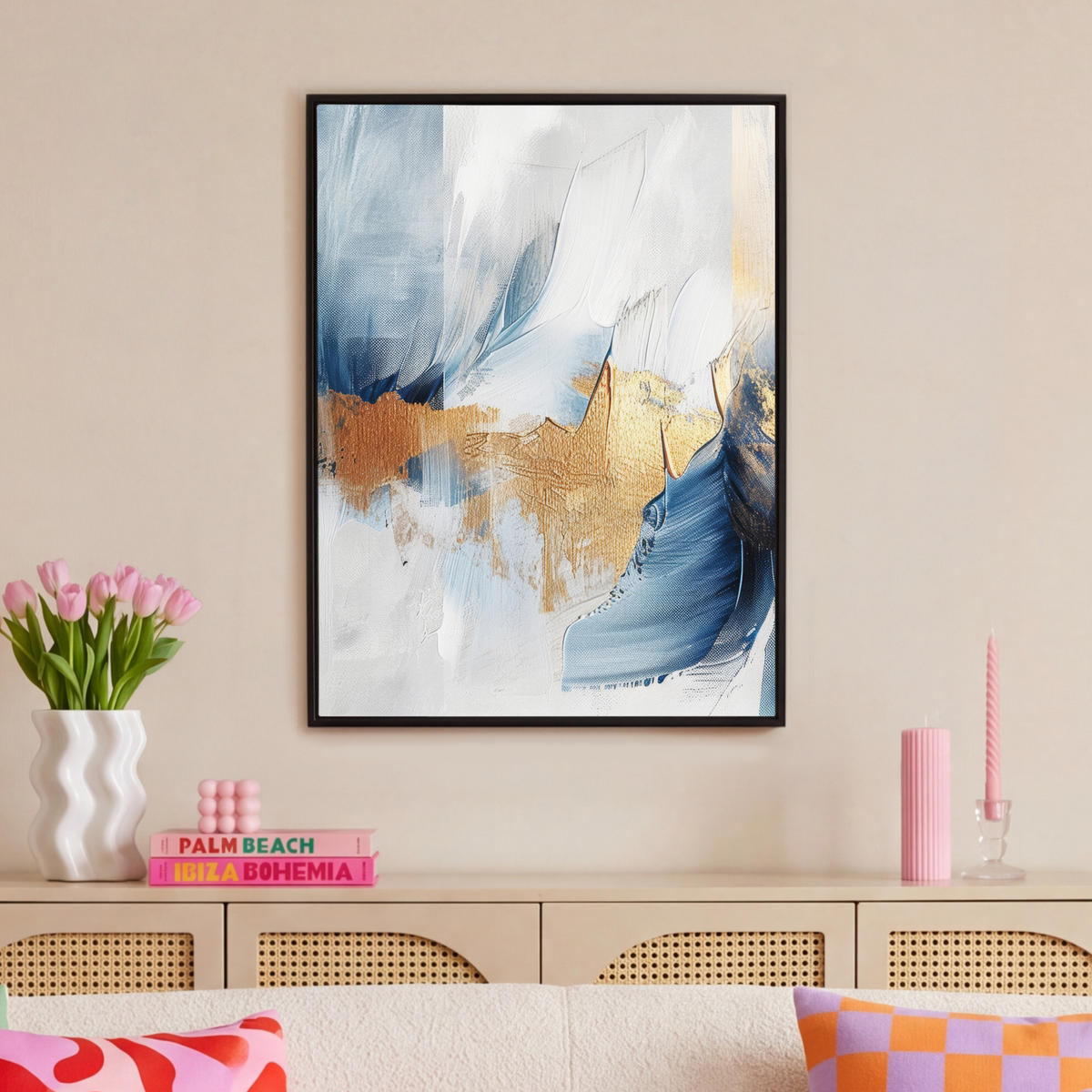 LEINWAND Bilder mit Rahmen - Gold - Blau - Aquarell - Kunst - Modern - 70x100 - Hellblau, Textil (70/100cm) - MuchoWow
