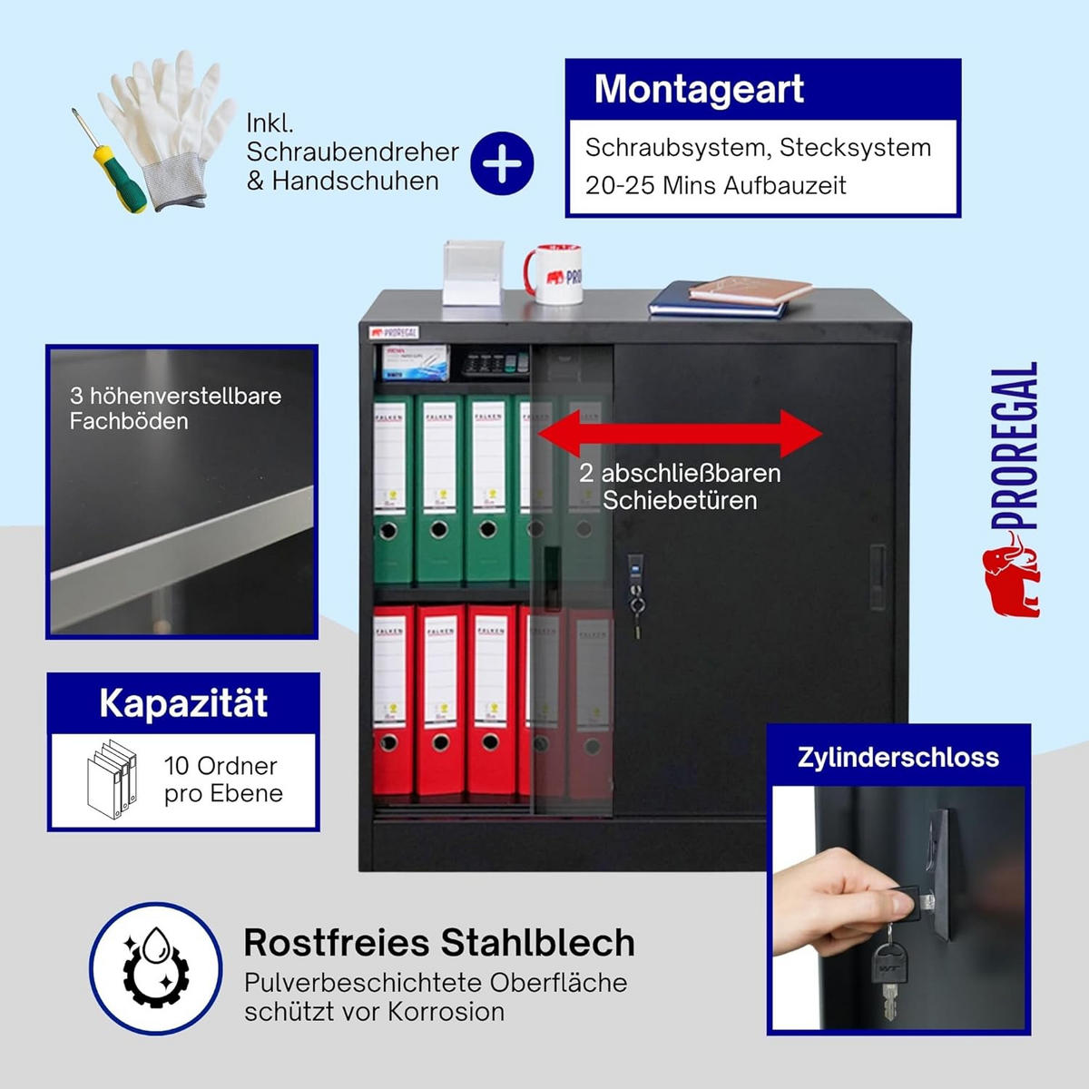 AKTENSCHRANK Elephant mit Schiebetüren 90x90x40cm Schwarz - Schwarz, Metall (90/90/40cm) - PROREGAL