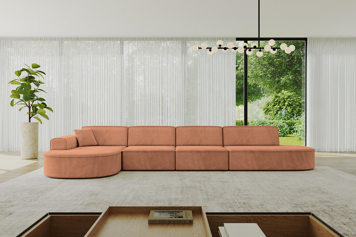 ECKSOFA Ottomane Links MARI-L3 - 413x171x79 cm Orange Velours - Schwarz/Orange, Holzwerkstoff/Kunststoff (413/171cm) - ALTDECOR