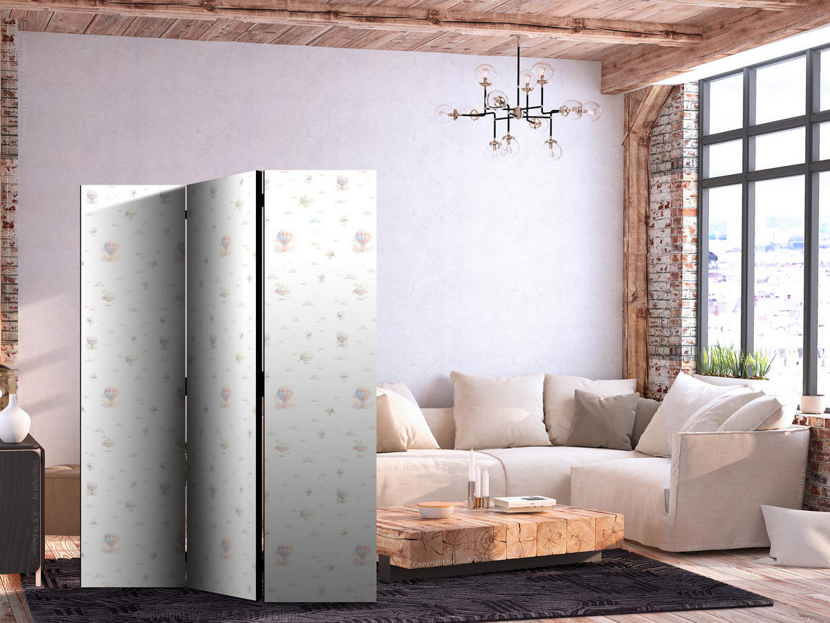 PARAVENT Beidseitig Bedruckter 3-tlg 135x172 cm Luftballons Wolken - Weiß, Holz/Textil (135/172/3cm) - Muralo