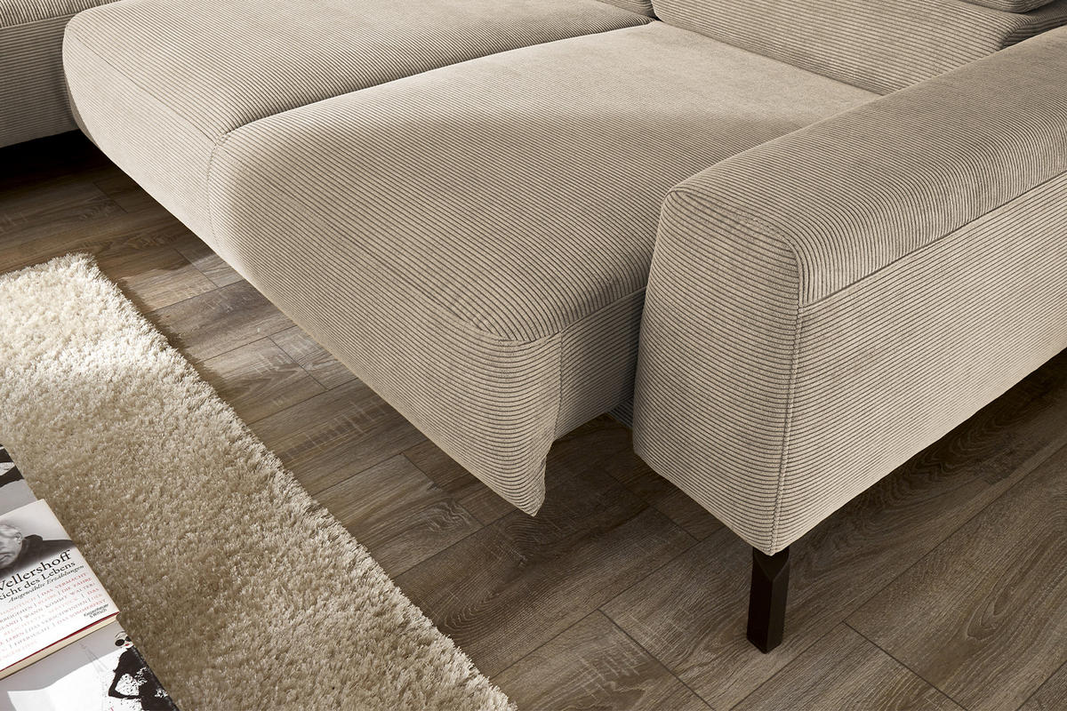 ECKSOFA MIT MOTORISCHEM SITZVORZUG DELIA Beige Cord - Beige/Schwarz, Textil/Metall (276/219cm) - KAWOLA