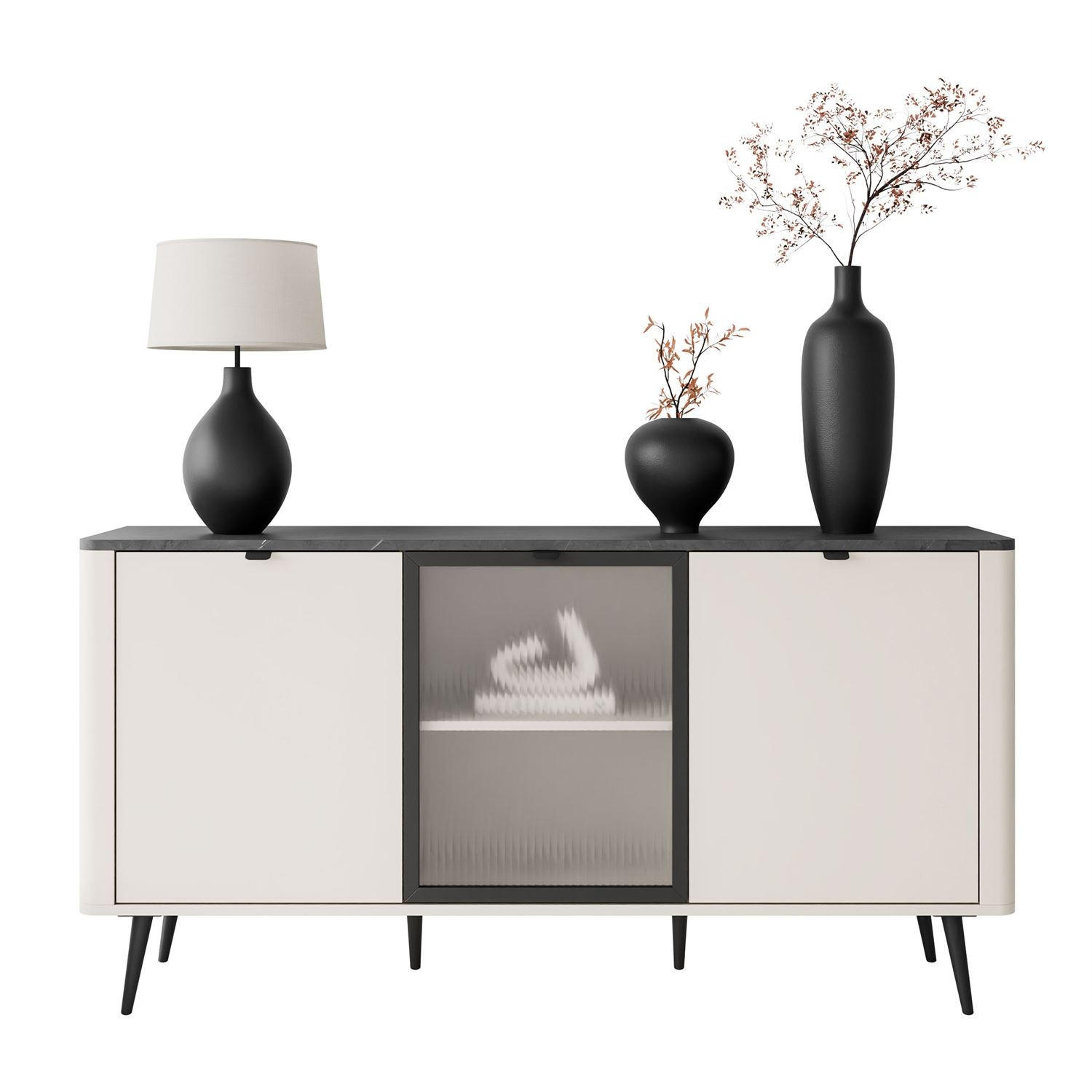 KOMMODE auf Füßen AUTUMN 2D1W mit Glasfront, Kaschmir / Grauer Stein - Beige, Holzwerkstoff (160/82/40cm) - Lookway