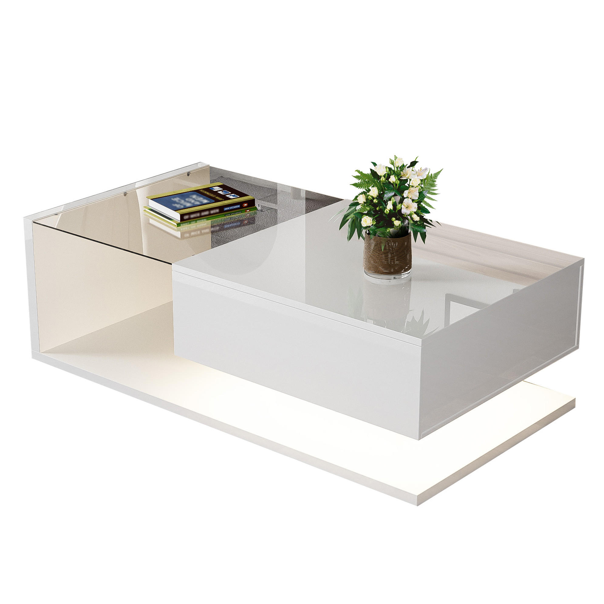 COUCHTISCH 105/55/32.5 cm Weiß aus Spanplatte mit Glasplatte und LED-Beleuchtung - Weiß, Holzwerkstoff (105/55/32.5cm) - OKMYHOME