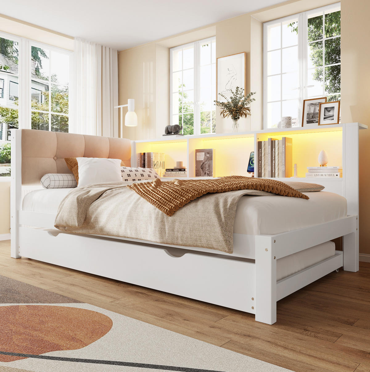 POLSTERBETT 90/200 cm in Weiß mit LED-Beleuchtung und USB-Anschluss - Weiß, Holz (90/200cm) - Flora Grace