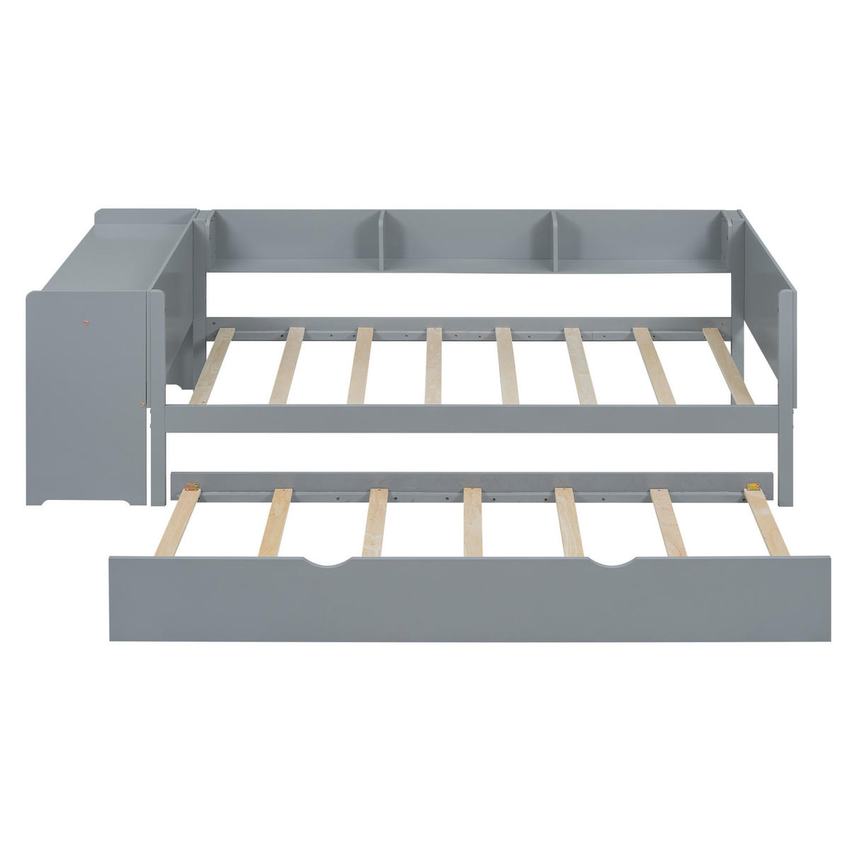 KINDERBETT 90/200 cm mit Ausziehbett, Schreibtisch und 3 Regalfächern - Grau, Holz (90/200cm) - BEAOK