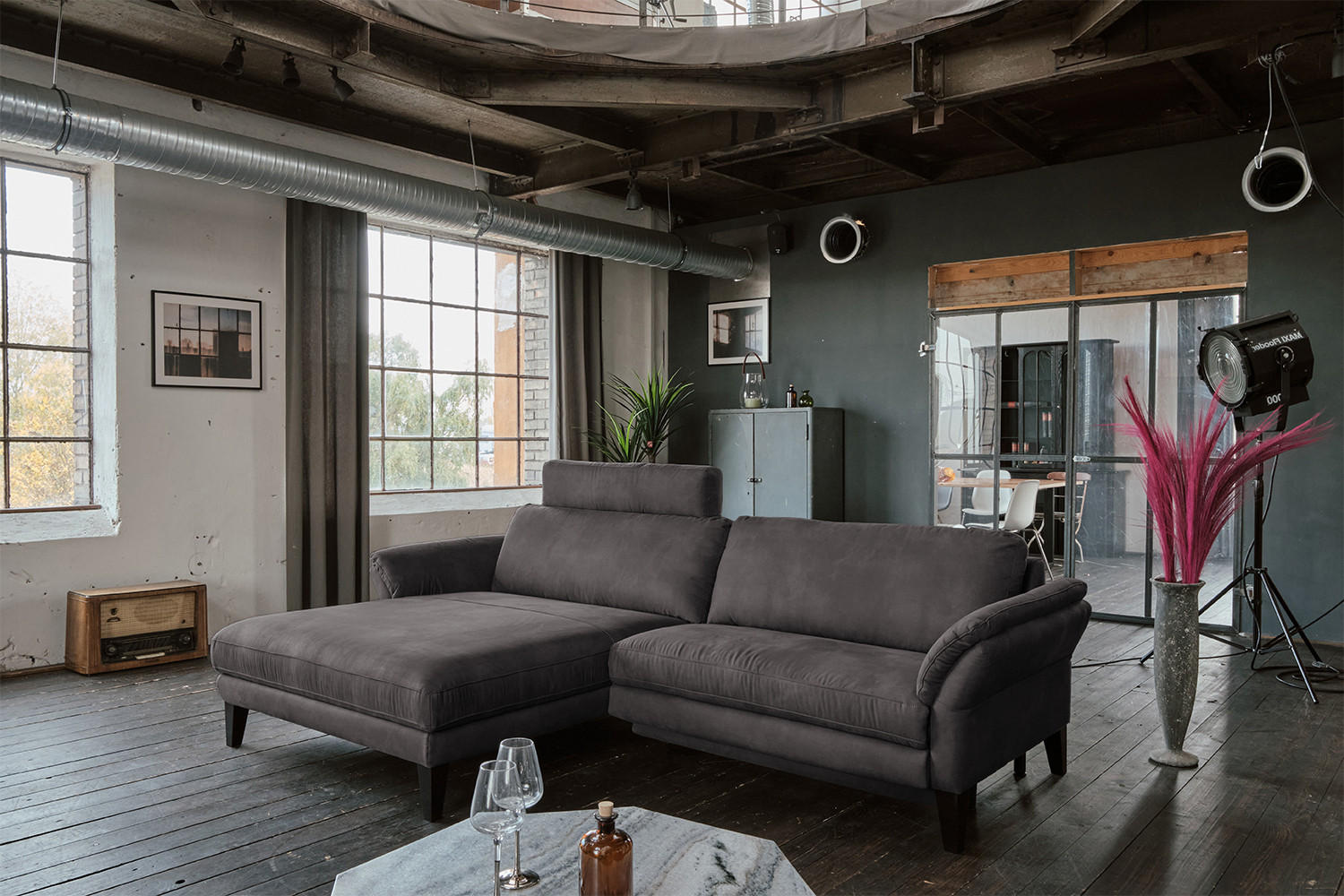 ECKSOFA MIT MOTORISCHER RELAXFUNKTION MALTA Anthrazit Webstoff - Anthrazit/Schwarz, Buchenholz/Textil (302/175cm) - KAWOLA