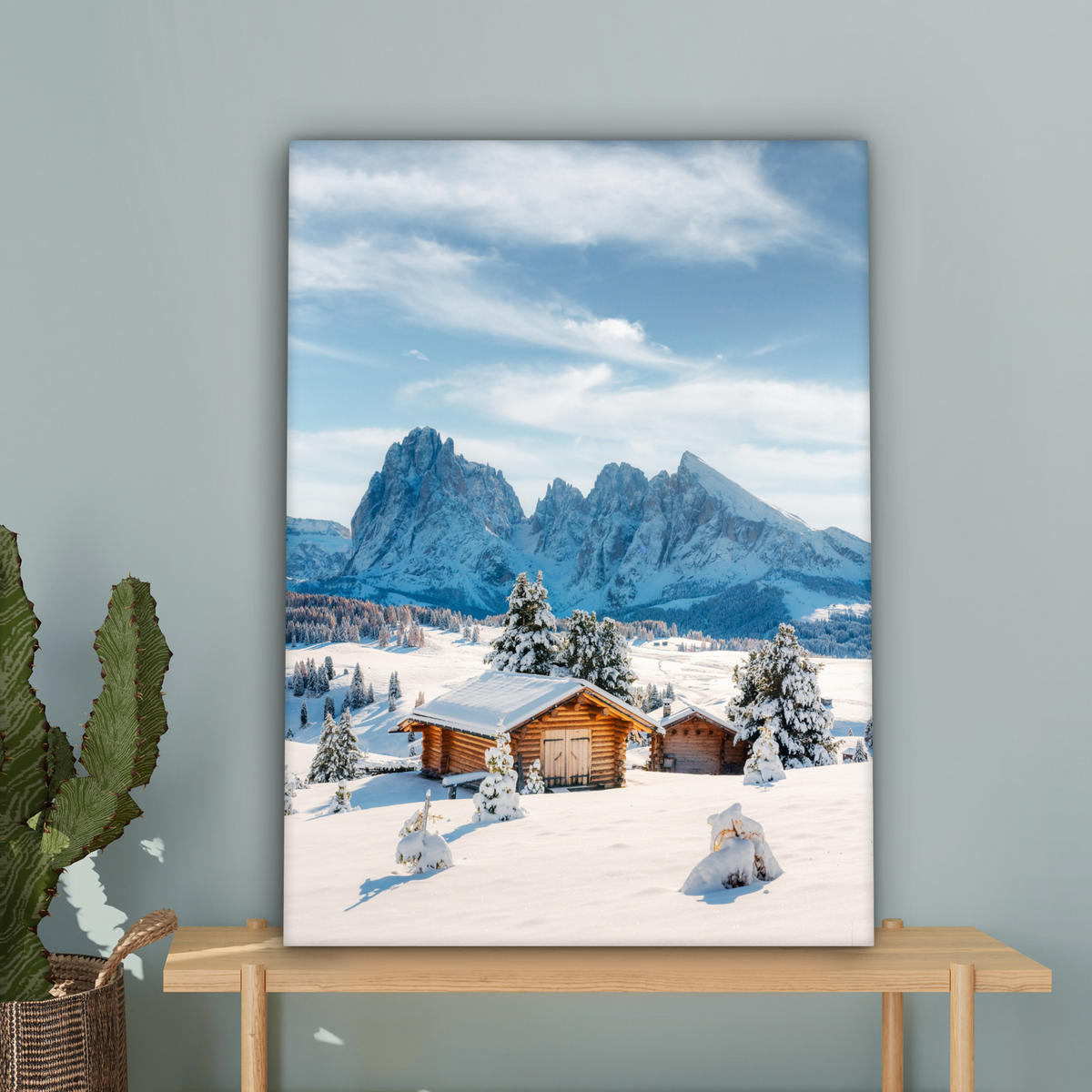 LEINWANDBILD Winter - Hütte - Berge - Aussicht - Schnee Wandbild Wohnzimmer 60x80 cm - Eichefarben, Textil (60/80cm) - MuchoWow