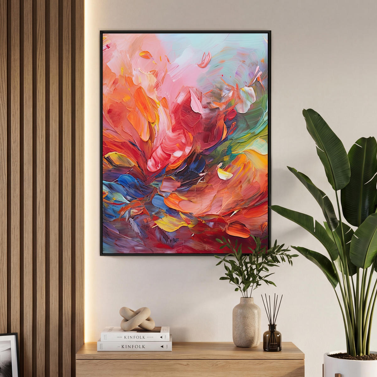 LEINWAND Bilder mit Rahmen - Ölgemälde - Kunst - Abstrakt - Farbenfroh - 70x100 - Altrosa, Textil (70/100cm) - MuchoWow
