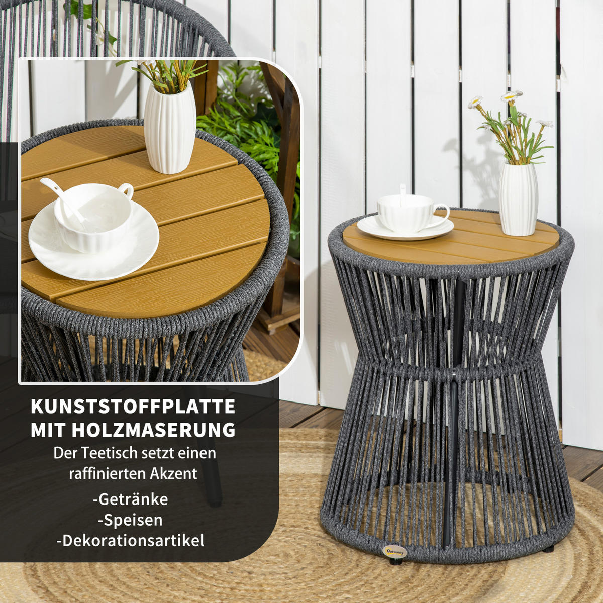 BEISTELLTISCH aus Aluminium 39x39x49 cm Dunkelgrau mit verstellbaren Füßen und PE-Rattan im Boho-Stil - Dunkelgrau, Metall (39/39/49cm) - Modfu
