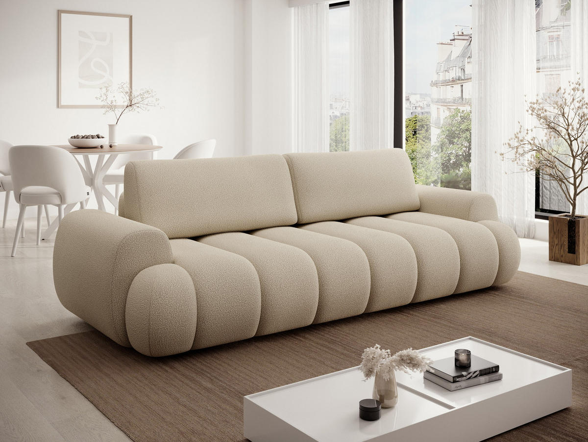 SOFA 260 cm mit Schlaffunktion Puro, Bettkasten, Modern Design, Beige - Beige, Holz (263/81/110cm) - Emporius