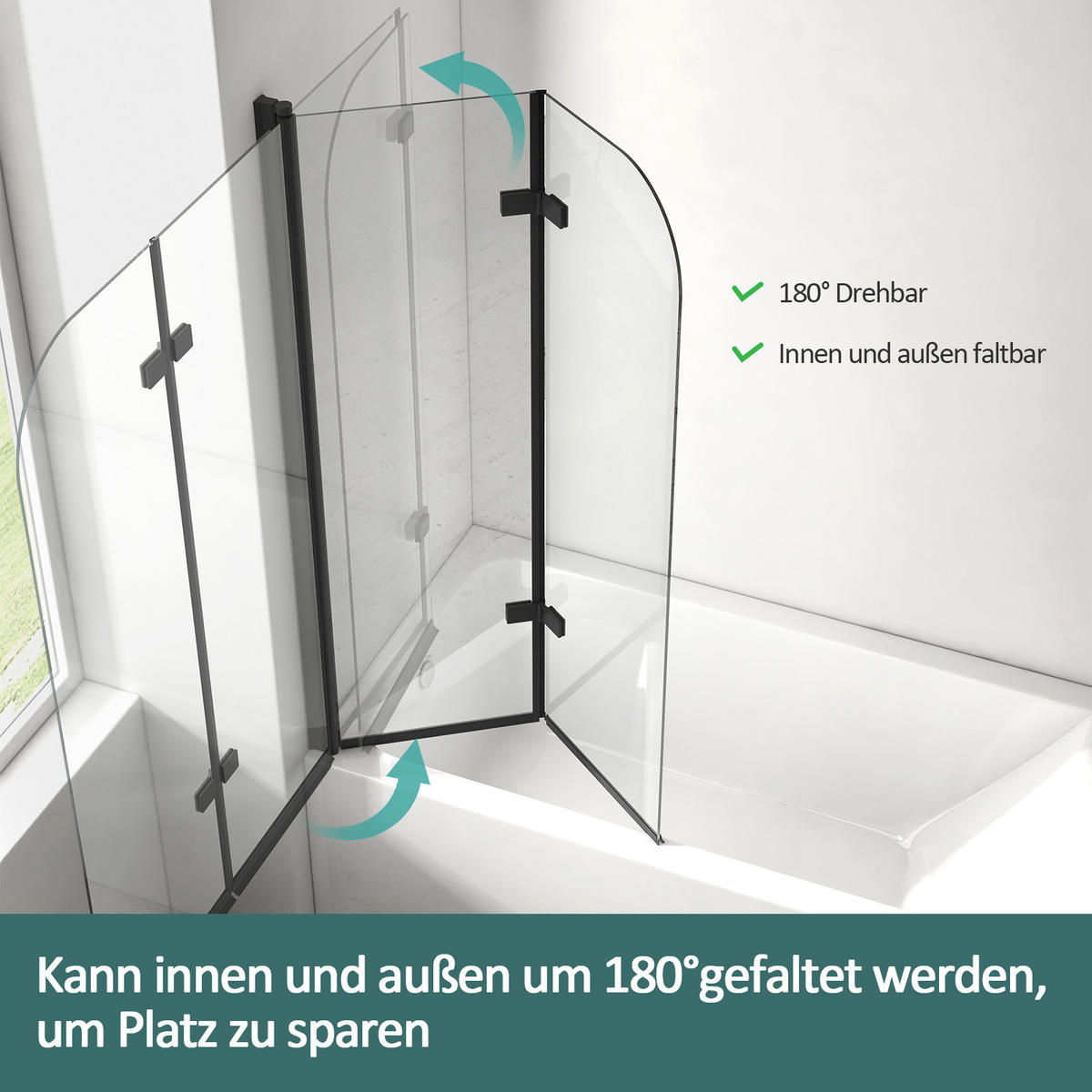 DUSCHWAND für Badewannen Faltbar mit Schwenkfunktion Schwarz 140/100 cm - Schwarz, Glas (100/140cm) - EMKE
