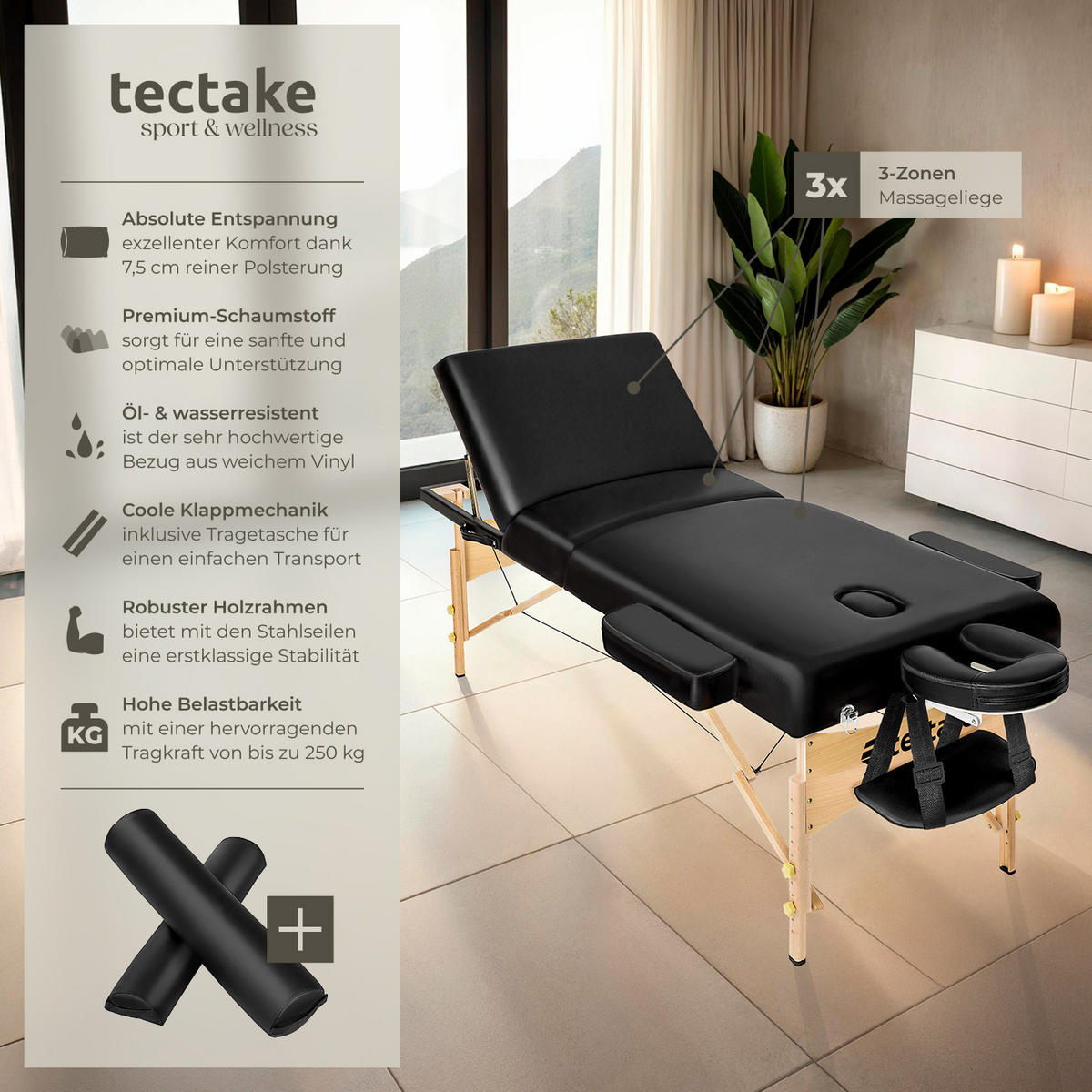 MASSAGELIEGE-SET 3 Zonen Somwang,218 x 102 x 90 cm,schwarz - Schwarz, Textil (108/90/218cm) - tectake