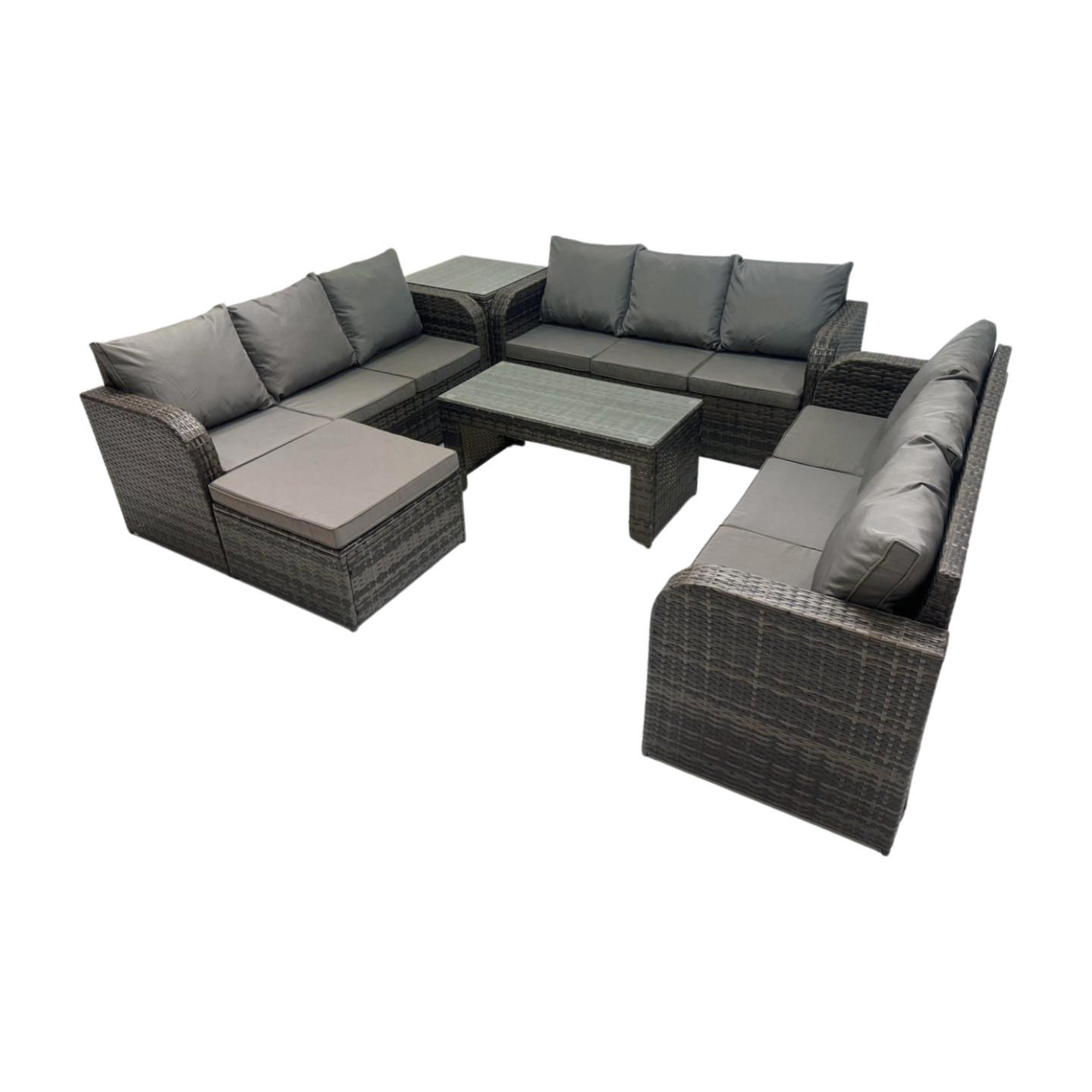 GARTENSOFA SET mit rechteckigem COUCHTISCH Polyrattan 10-Sitzer Dunkelgrau - Dunkelgrau/Grau, Glas/Kunststoff - Fimous