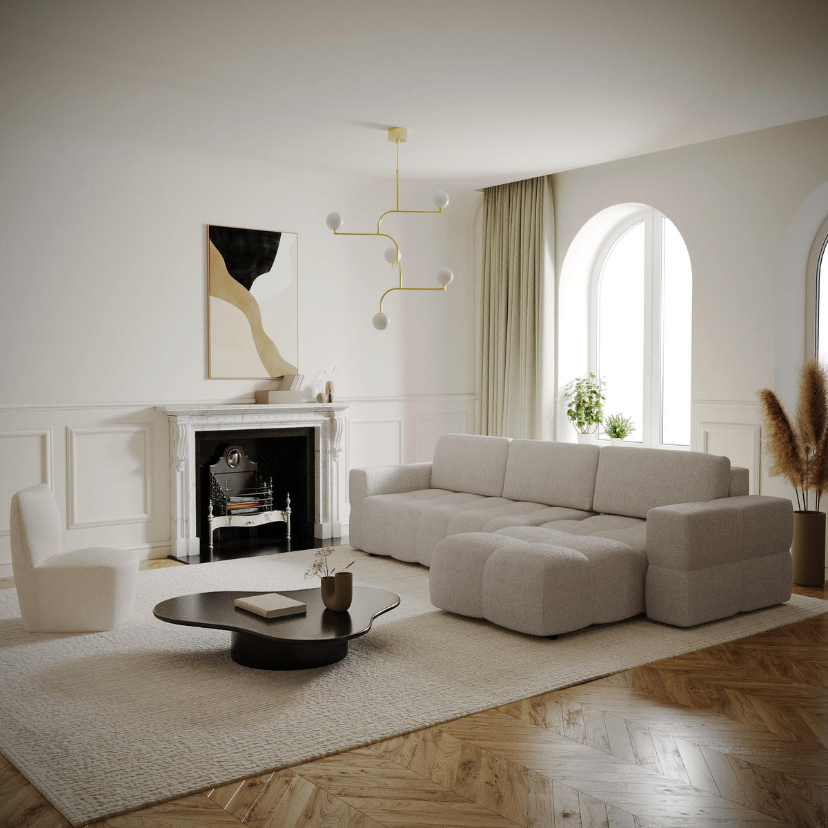 ECKSOFA RECHTS Bouclé-Stoff Beige 286cm - Beige, Textil (286/169cm) - Sia Home