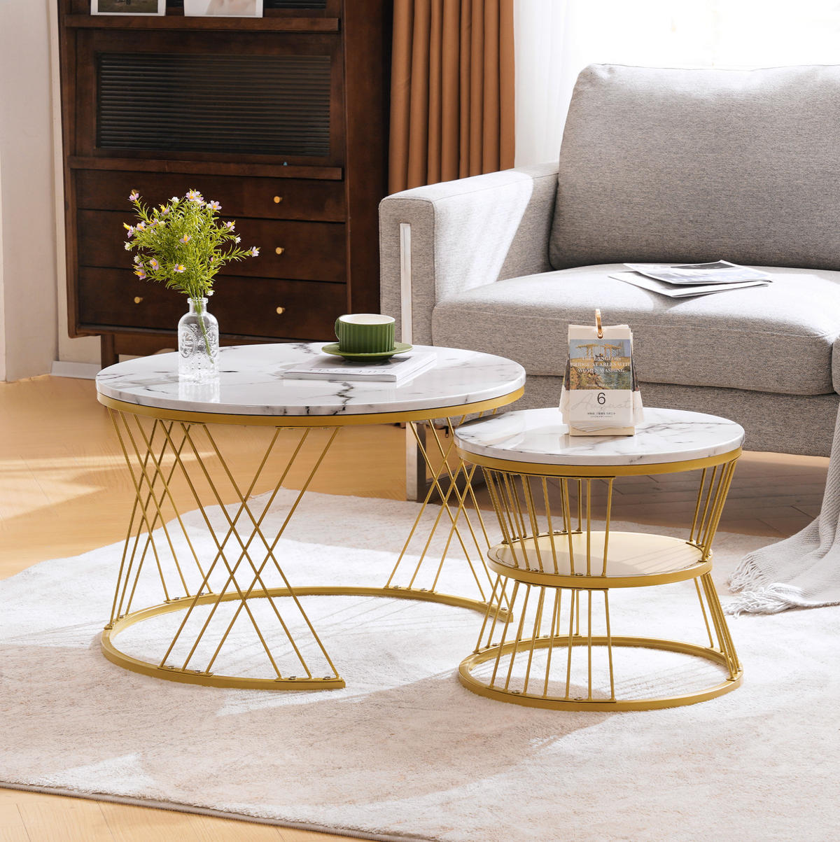 SET klub stolića 70/70/47 i 45/45/40 cm bijeli od MDF-a s visokim sjajem i ugniježđenim dizajnom - bijela, drvni materijal (70/70/45cm) - OKWISH