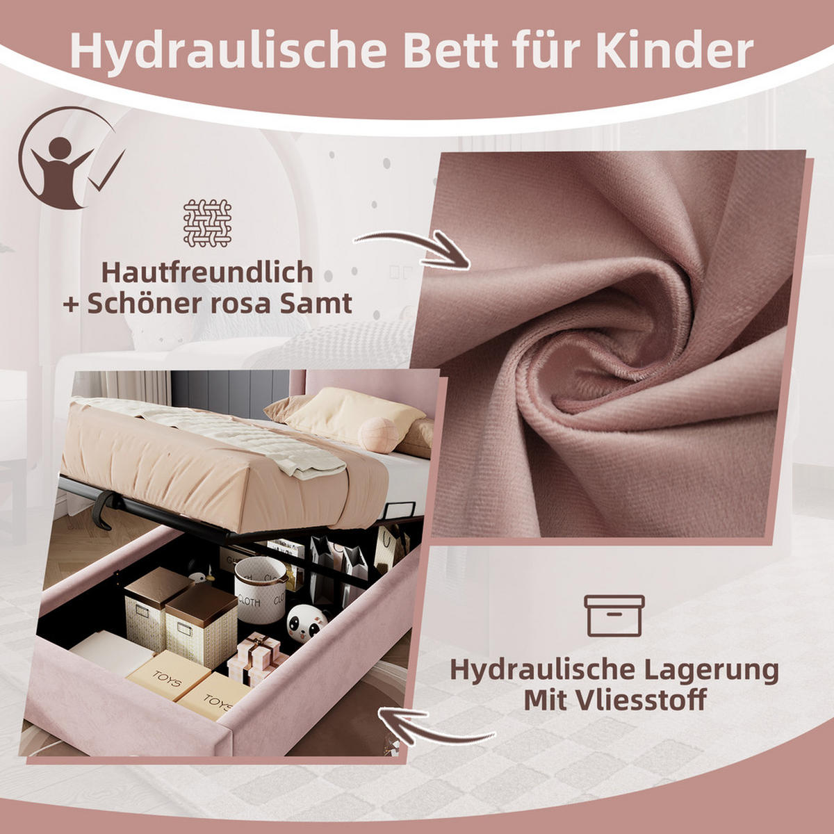 KINDERBETT 90x200cm Einzelbett Samt Rosa - Pink, Holz (90/200cm) - FLIEKS
