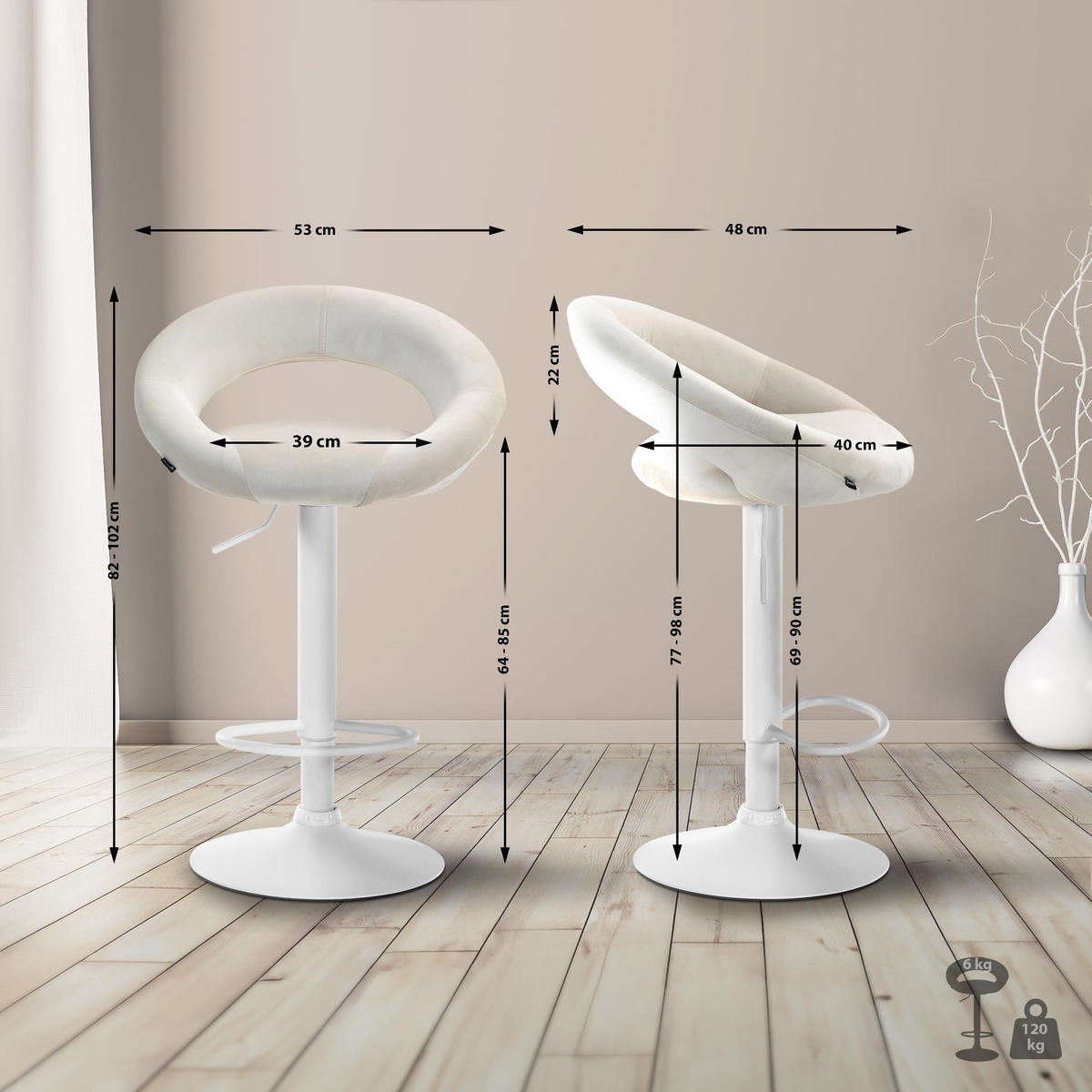 BARHOCKER Samt creme - Creme/Weiß, Textil/Metall (53/80/47cm) - CLP