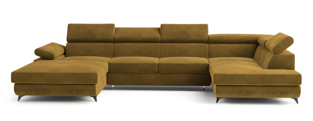 WOHNLANDSCHAFT RUBANO R-S Gelb Velours-Stoff mit Schlaffunktion - Gelb, Holz (339/89/190cm) - MASSENO