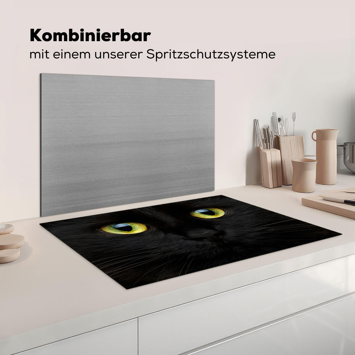 HERDABDECKPLATTE Katze - Augen - Gelb - Schwarz Induktionsschutz 81.6x52.7 cm - Schwarz, Kunststoff (81.6/52.7/0.2cm) - MuchoWow
