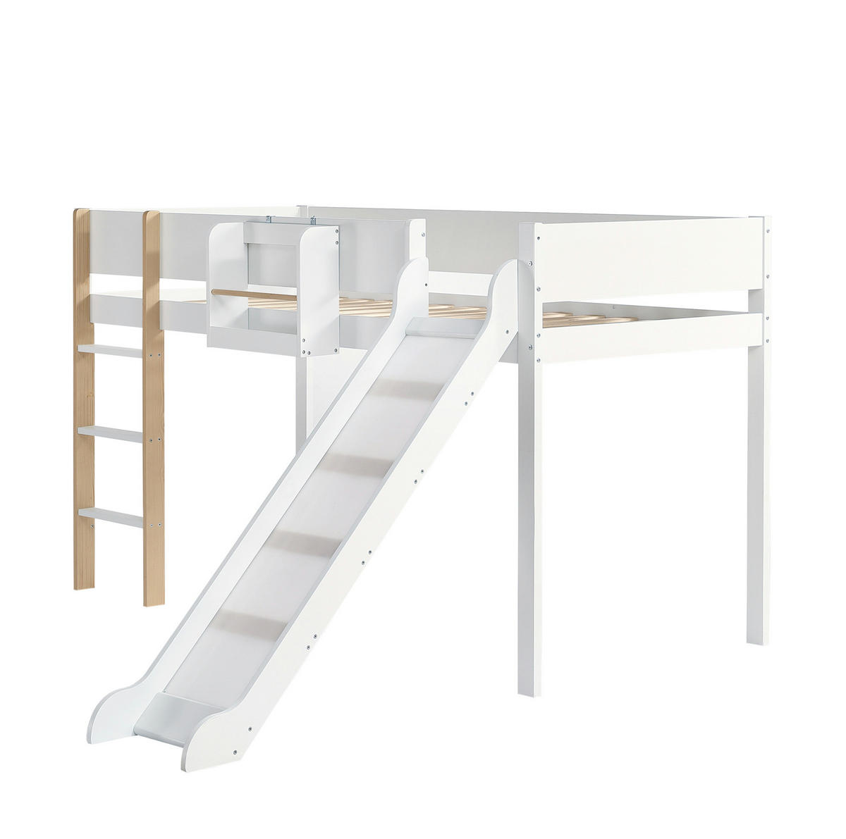 HOCHBETT aus Kiefernholz und MDF 90x200 cm Weiß/Natur mit Rutsche und abnehmbarem Regal - Weiß, Holzwerkstoff (90/200cm) - IVMEU