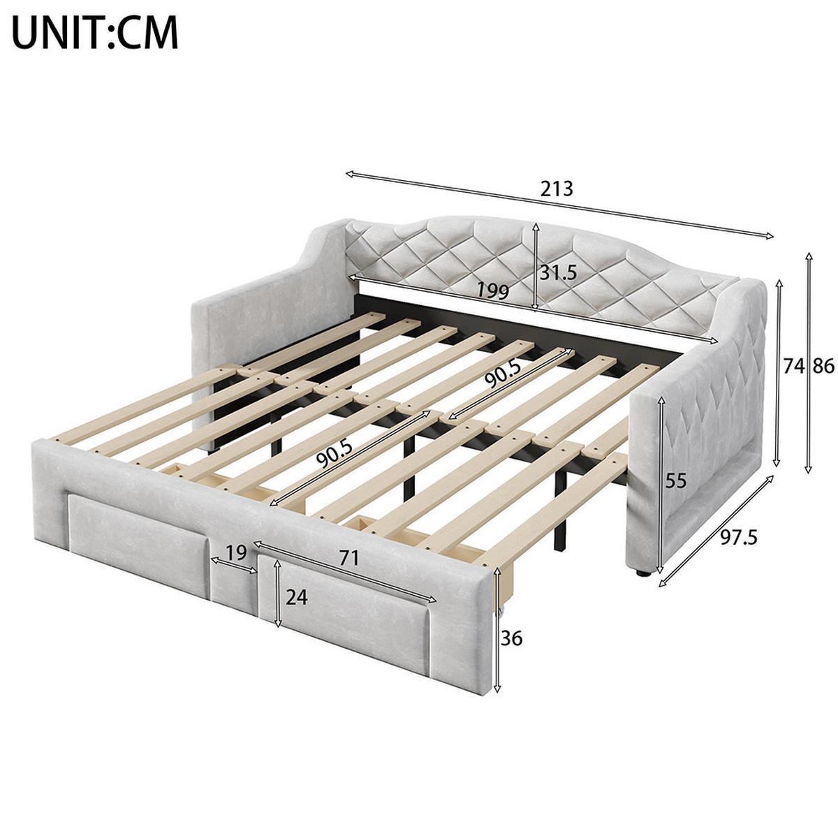 TAGESBETT 90x200 bis 180x200 cm mit zwei Schubladen und LED-Beleuchtung, Grau - Grau, Holz (90/200cm) - KOMHTOM
