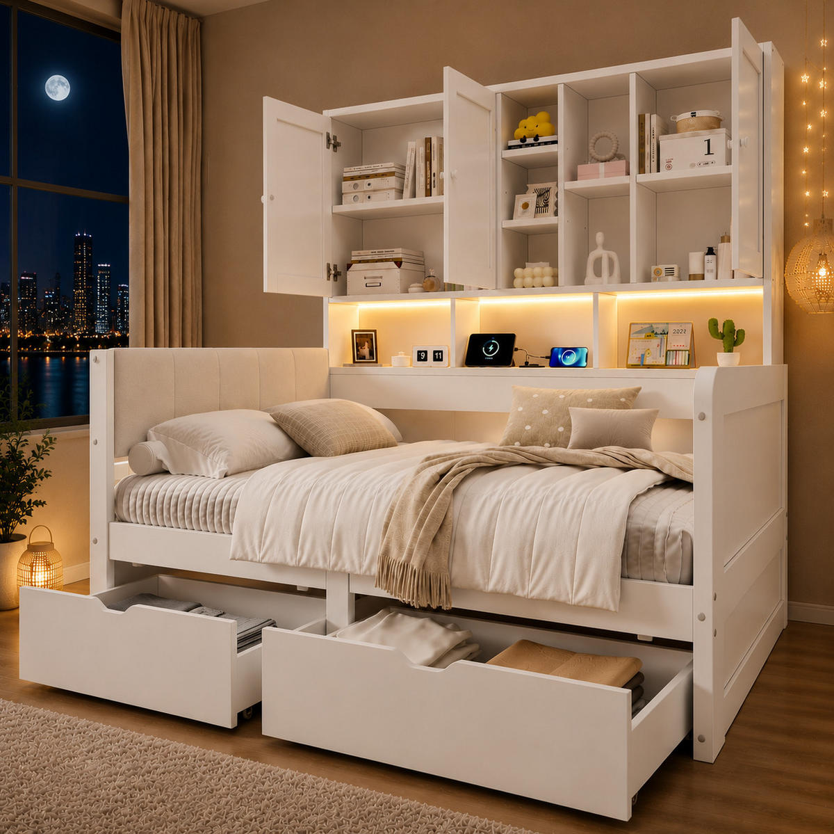 POSTEĽ 90/200 cm s úložným priestorom, LED svetlom a USB, biela - biela, kompozitné drevo (90/200cm) - Flora Grace