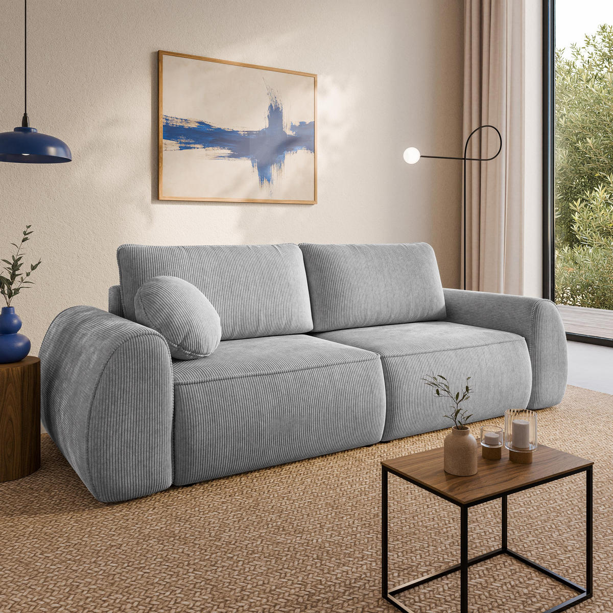 BETTSOFA ZEFEO Hellgrau Kordstoff mit Schlaffunktion - Hellgrau, Textil (264/96/106cm) - MASSENO