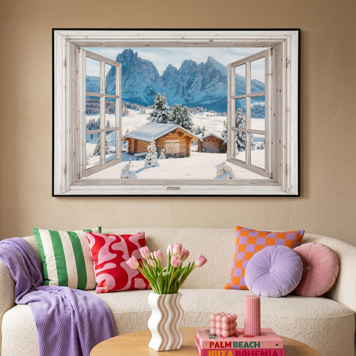 LEINWAND Bilder mit Rahmen - Winterlandschaft - Hütte - Berge - Ausblicke - Aussicht - Natur - 140x90 - Weiß Hochglanz, Textil (140/90cm) - MuchoWow