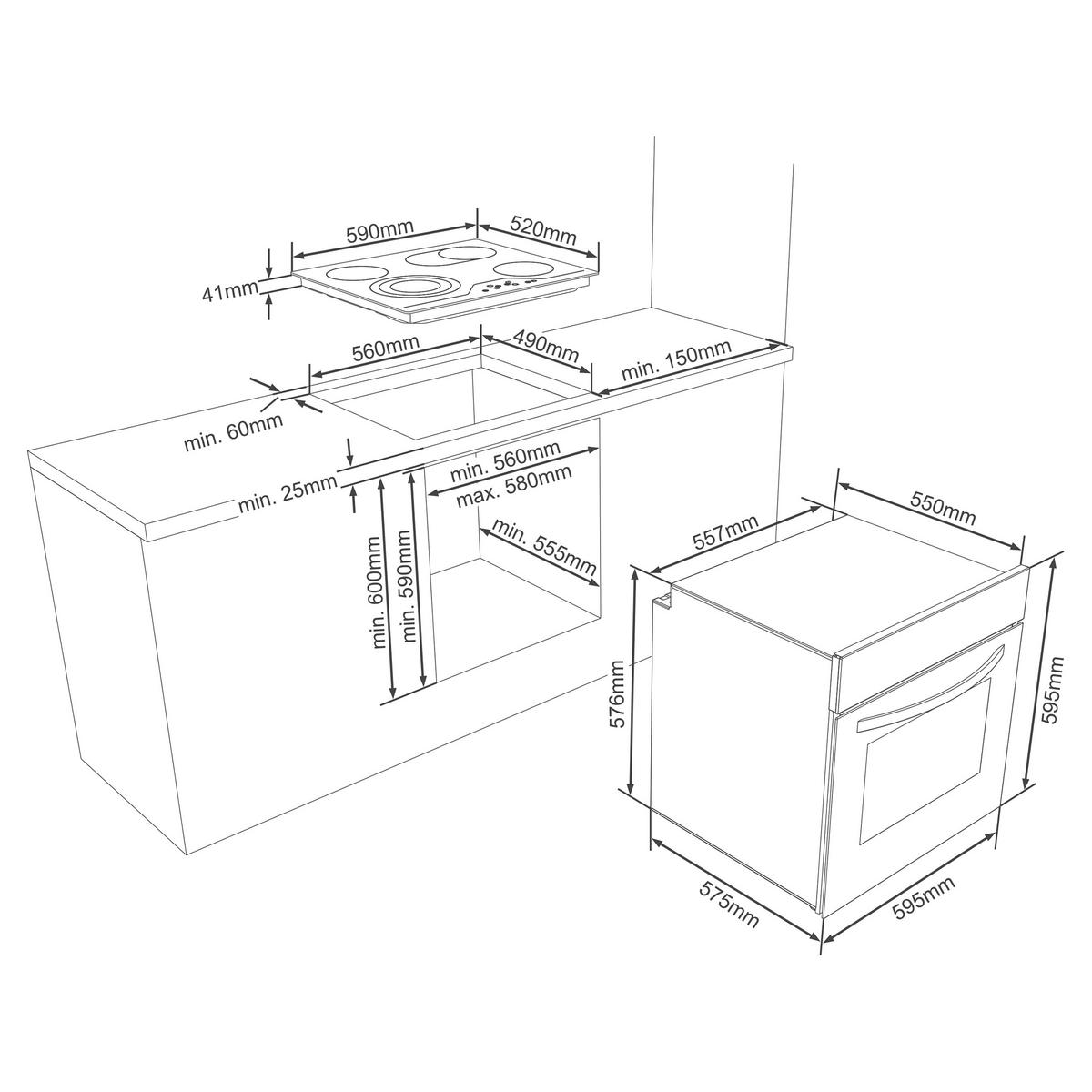 EINBAUHERD-SET, Backofen mit Grill und Umluft, Rahmenloses Glaskeramik-Kochfeld mit 4 Zonen, 65 Liter, 60 cm, Edelstahl - Schwarz, Keramik/Metall (59.5/59.5/57cm) - Telefunken