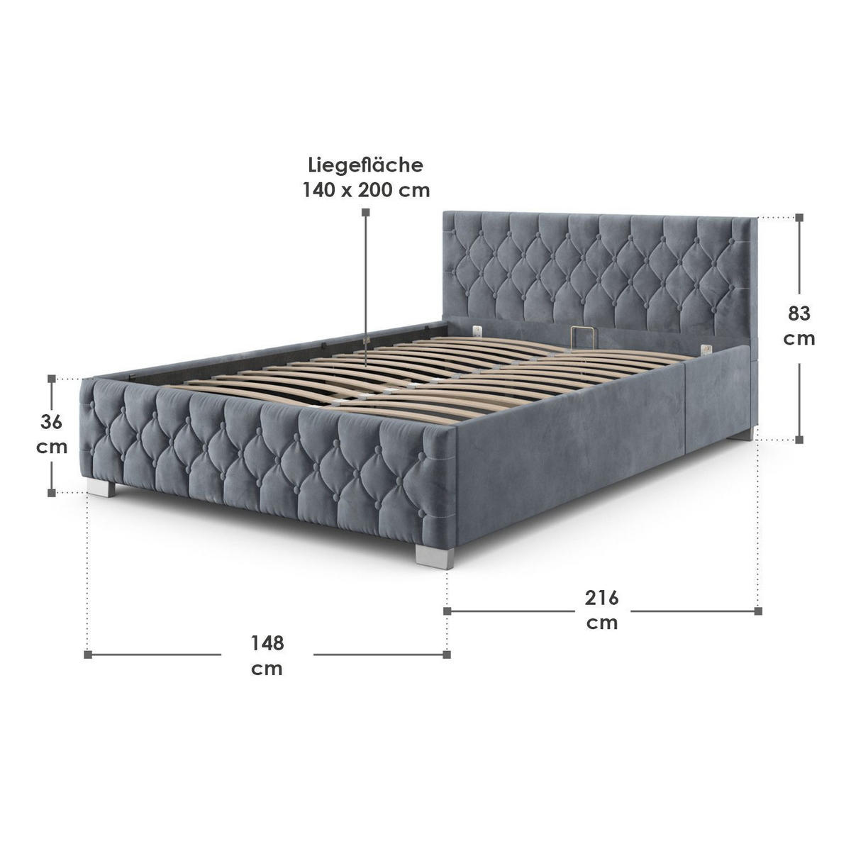 POLSTERBETT Nizza Dunkelgrau 140x200 cm mit Bettkasten und LED - Dunkelgrau, Holzwerkstoff (140/200cm) - Juskys