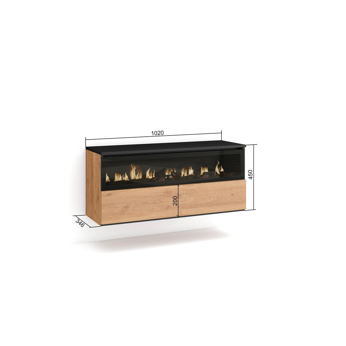 ELEKTROKAMIN LED, Hängend, eiche, schwarz, 102/35/45cm - Eichefarben, Holzwerkstoff (102/45/35cm) - Skraut Home