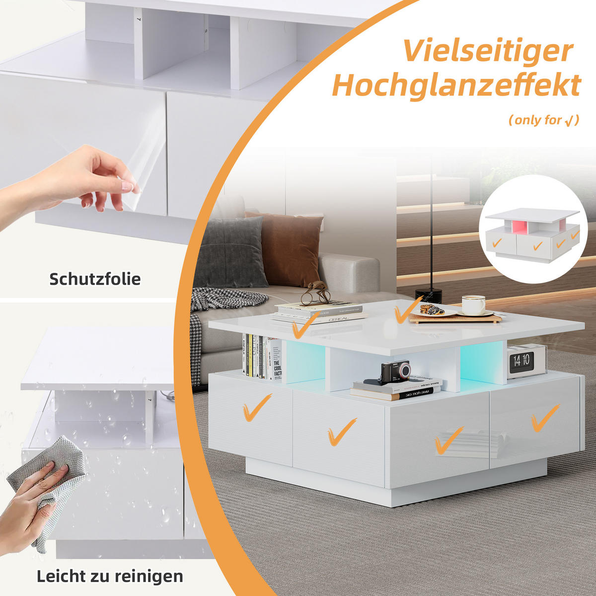 COUCHTISCH Weiß 70/70/40 cm mit LED-Beleuchtung - Weiß, Holzwerkstoff (70/70/40cm) - PANGIVO