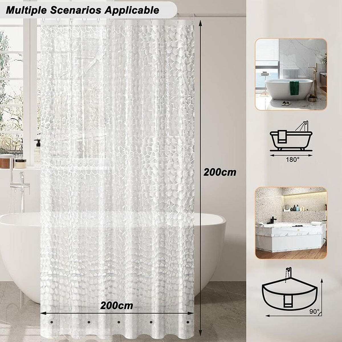 DUSCHVORHANG 3D transluzent wasserdicht schimmelresistent Muster mit Haken - Transparent, Kunststoff (200/200cm) - MCBOSON