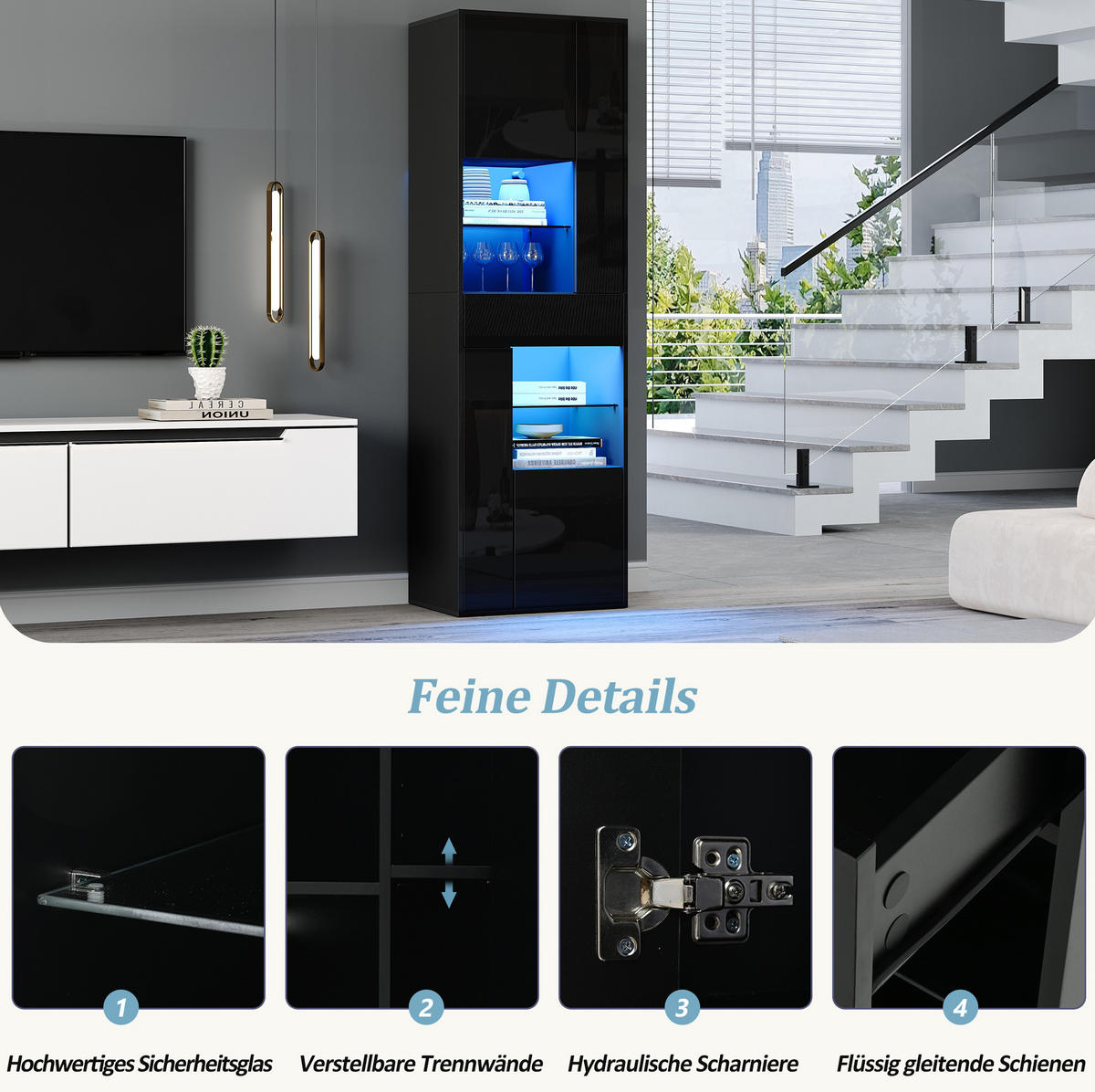 VITRINE aus Spanplatte und Glas 55x38x170 cm Schwarz mit LED-Beleuchtung, Schublade und 11 Ablageflächen - Schwarz, Holzwerkstoff (55/170/38cm) - IVMEU