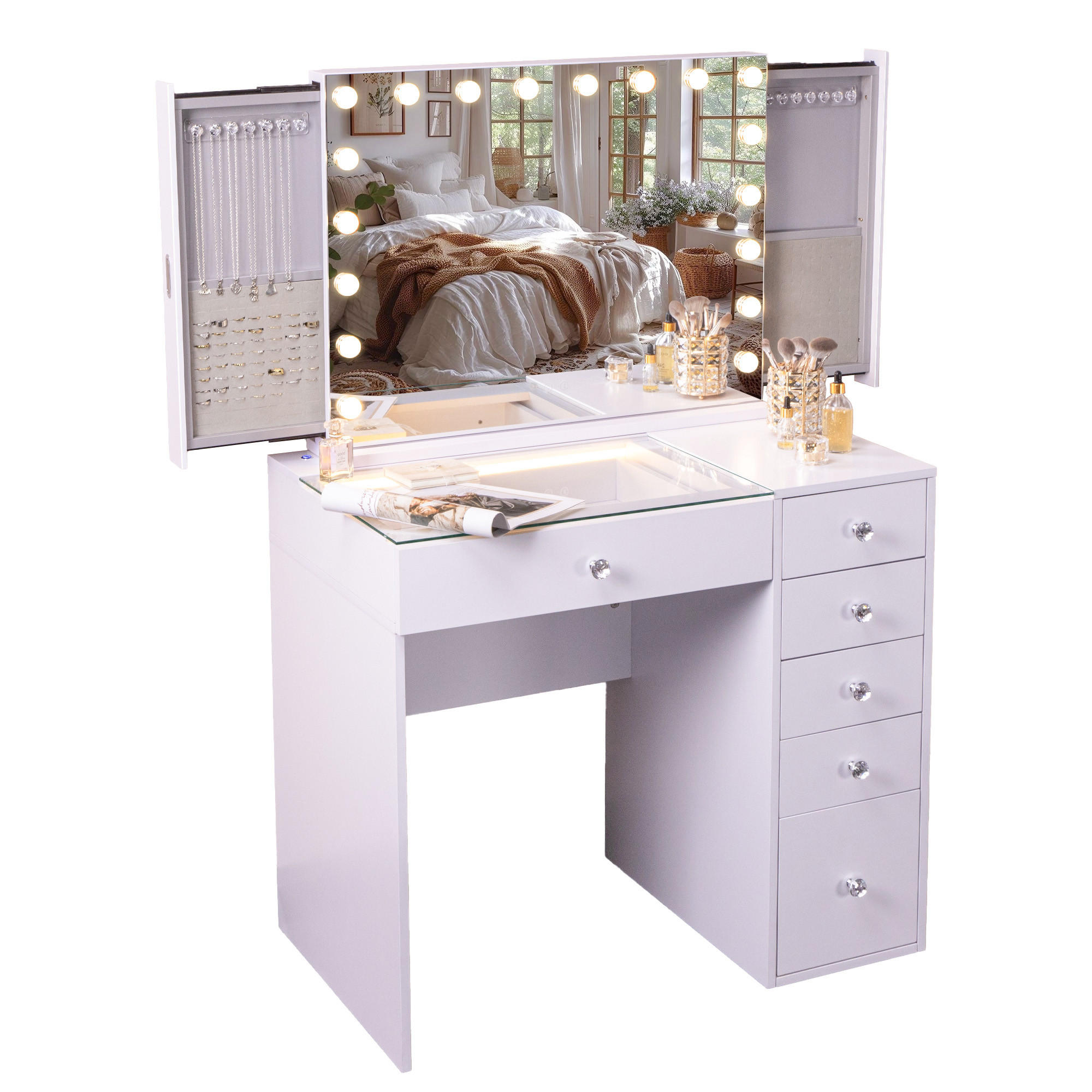 SCHMINKTISCH mit 6 Schubladen 92/55/81 CM und LED Beleuchtung Schminkspiegel integrierter Schmuckbox und Bluetooth weiß 80/60 cm - Weiß, Holz (55/81/92cm) - VANITII