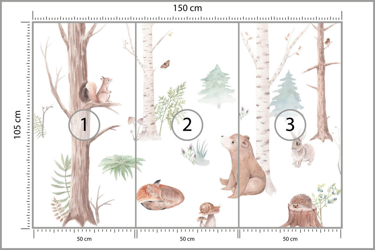 FOTOTAPETE für Kinderzimmer Wilde Waldtiere Aquarell Bäume 150x105 - Orange/Braun, Papier (150/105cm) - Muralo