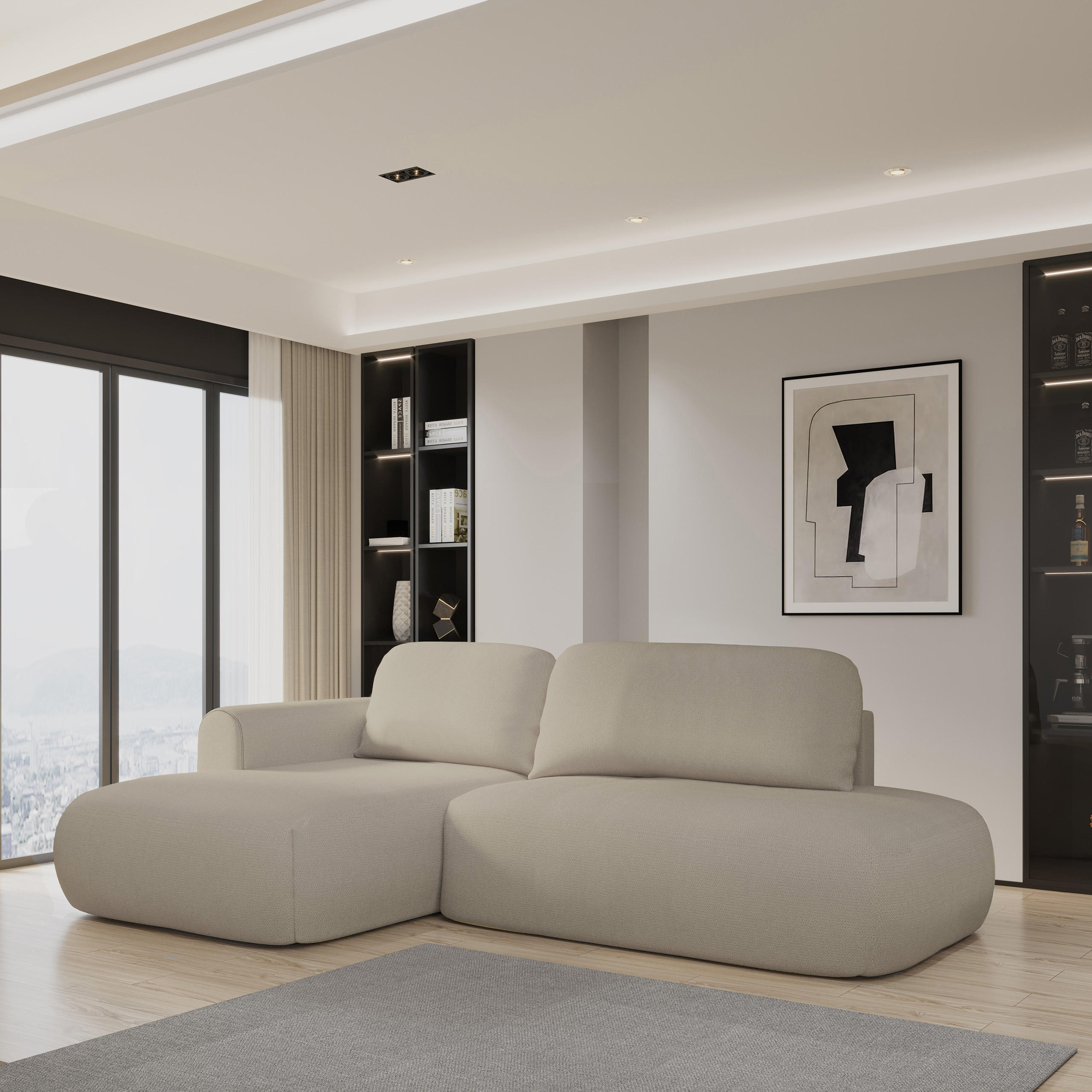 ECKSOFA NUVIRA L-S Beige Geflochtener Stoff mit Schlaffunktion - Beige, Holz (274/165cm) - MASSENO